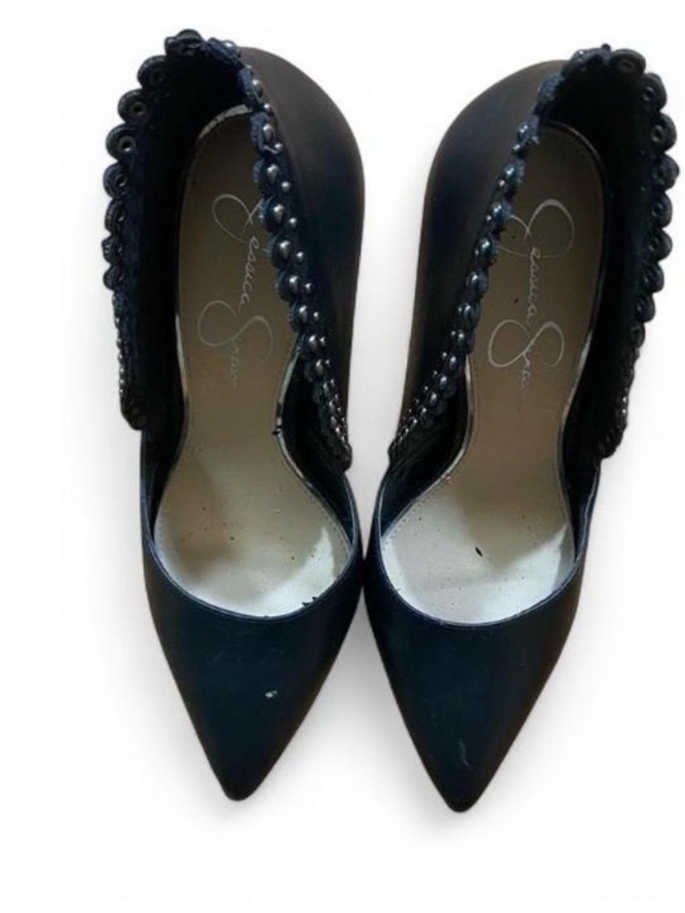 Jessica Simpson Black Pointed Toe Pumps with Scalloped Bead Trim